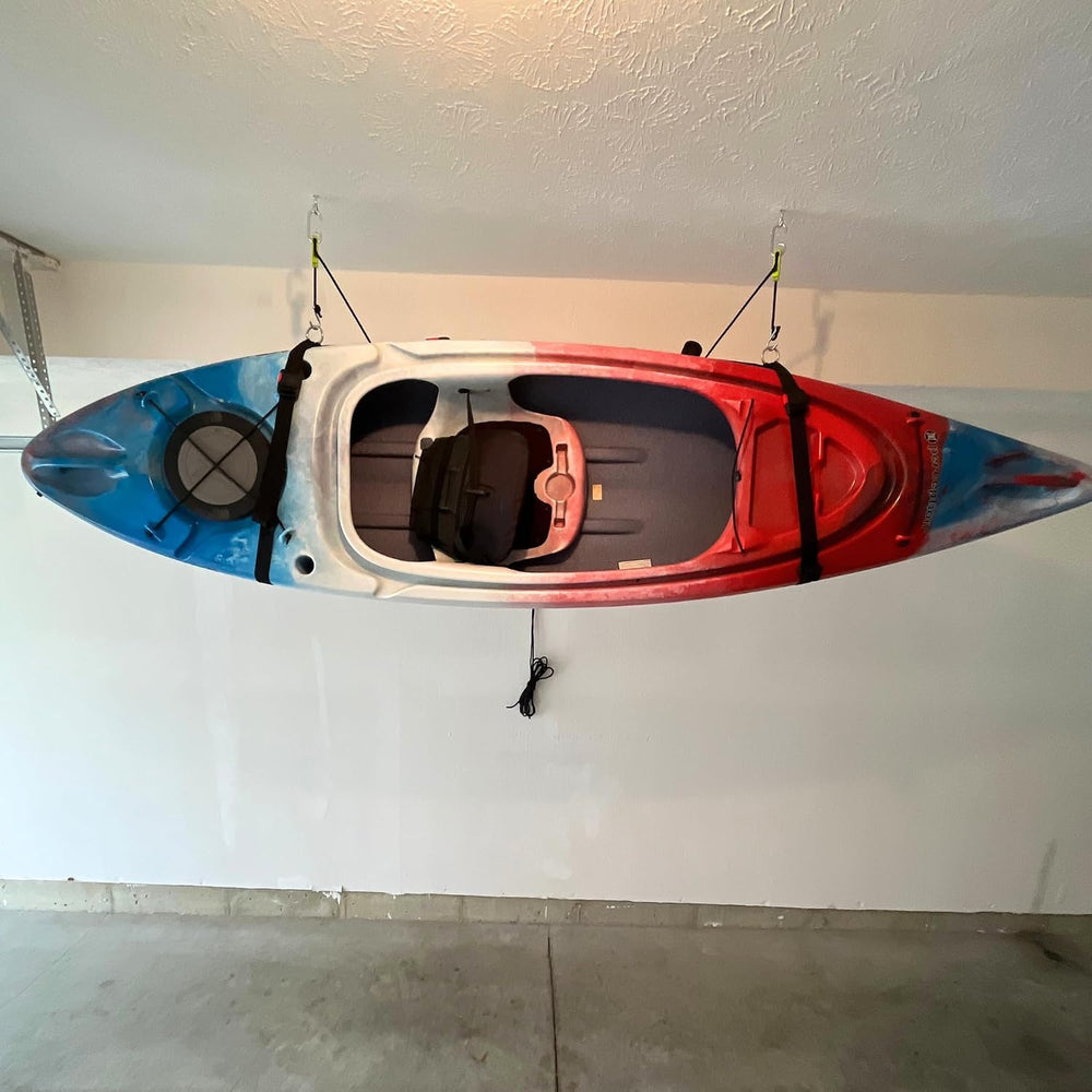 Tie Boss Kayak Hanger, Kayak Hoist & Overhead Garage Ceiling Storage System