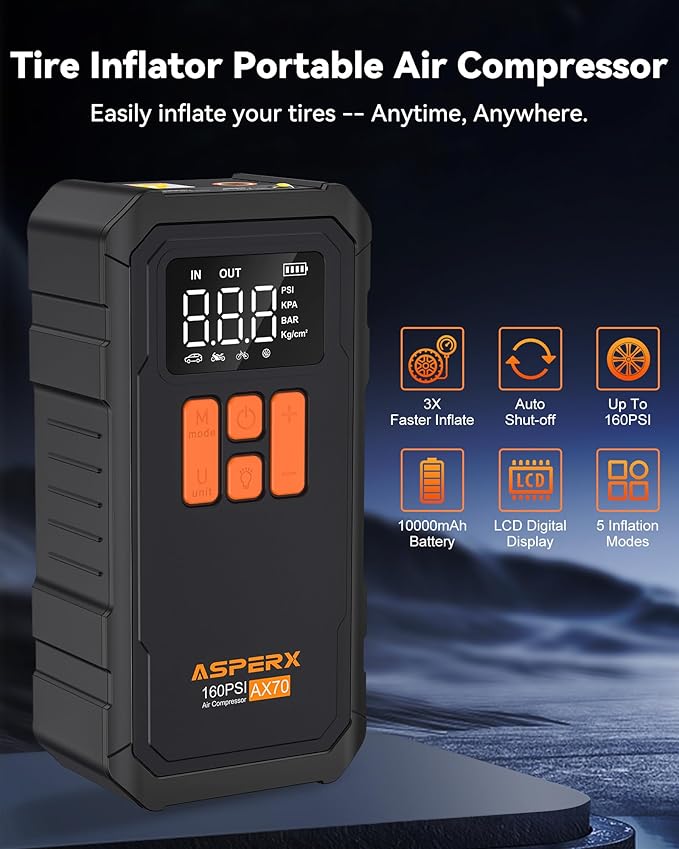 Tire Inflator Portable Air Compressor- 160PSI & 10000mAh Portable Air Pump