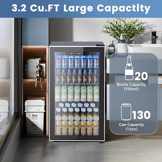 Mini Fridge 130 Can Beverage Refrigerator Cooler, 3.2 Cu.Ft Drink Fridge