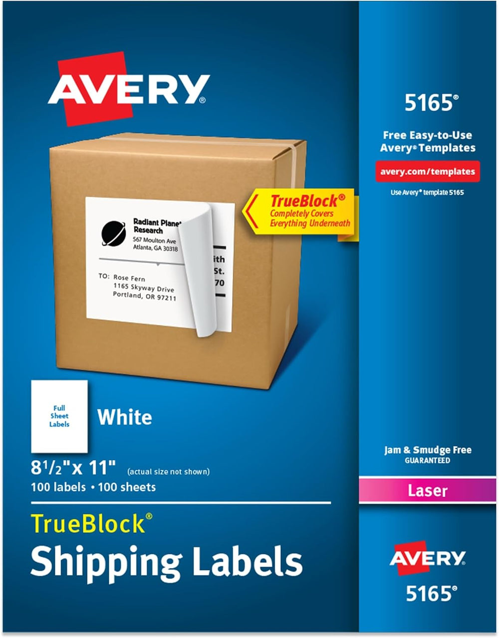 Avery 5165 TrueBlock Full Sheet Labels, Laser Print, 8.5 x 11, White, 100/Box
