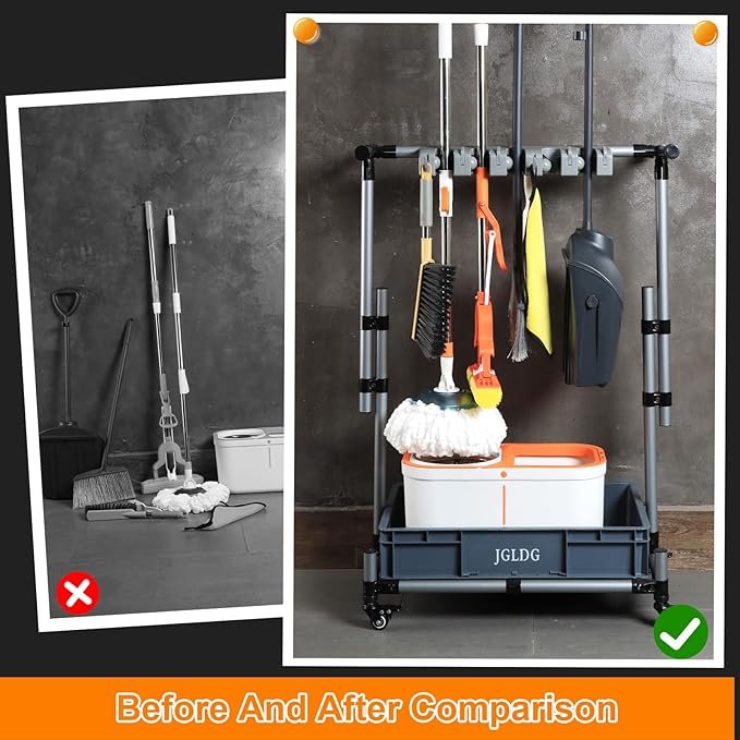 Freestanding Mobile Cleaning Tool Storage Rack, Mop and Broom Holder