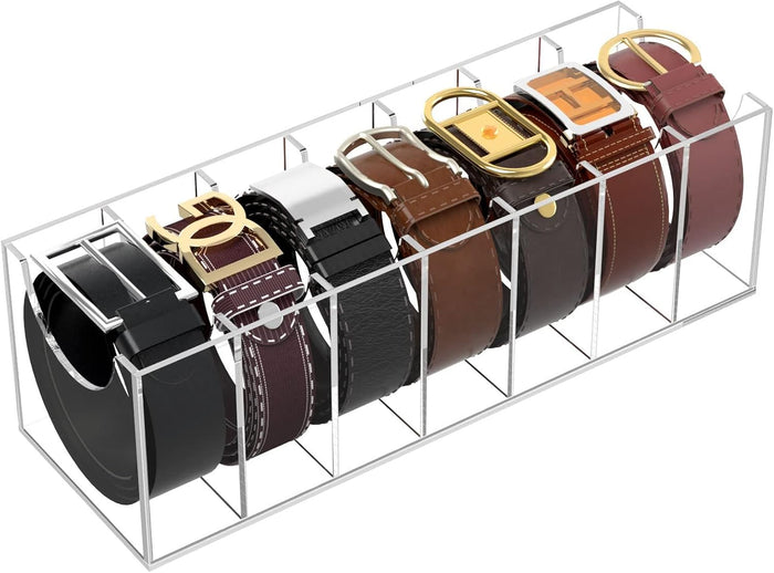NIUBEE Belt Organizer for Closet, Acrylic Belt Box, Belt Storage, 7 Grids