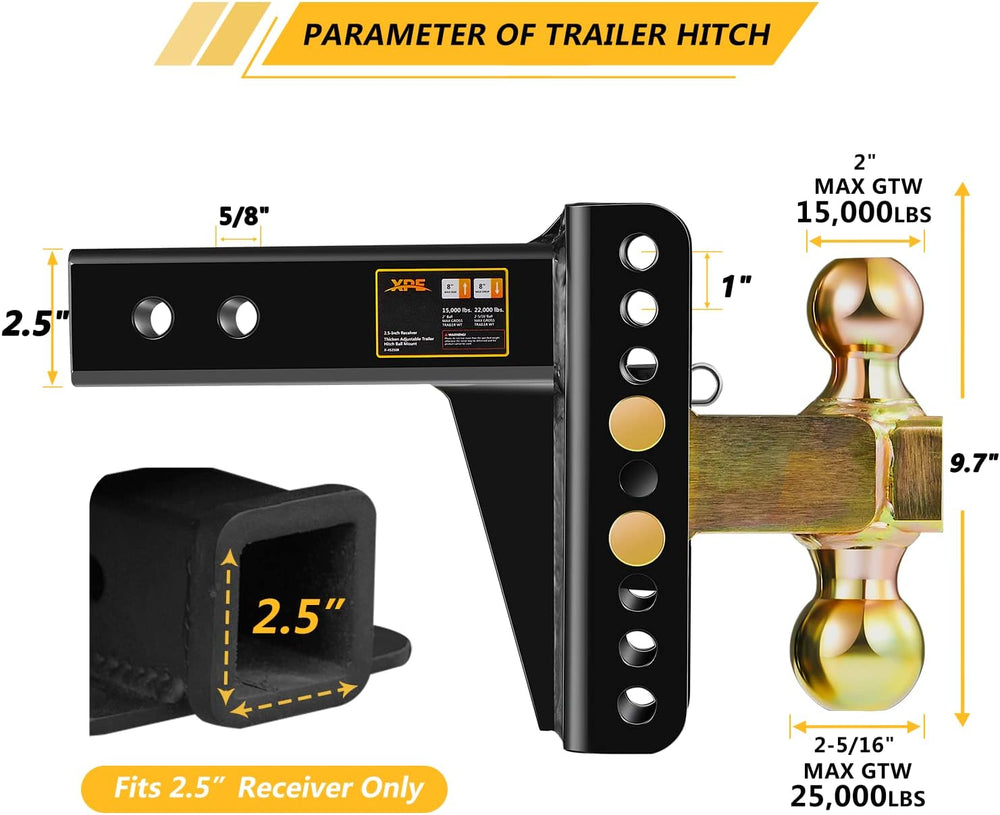 Adjustable Trailer Hitch Fits 2.5 Inch Receiver 6 Inch Drop Rise