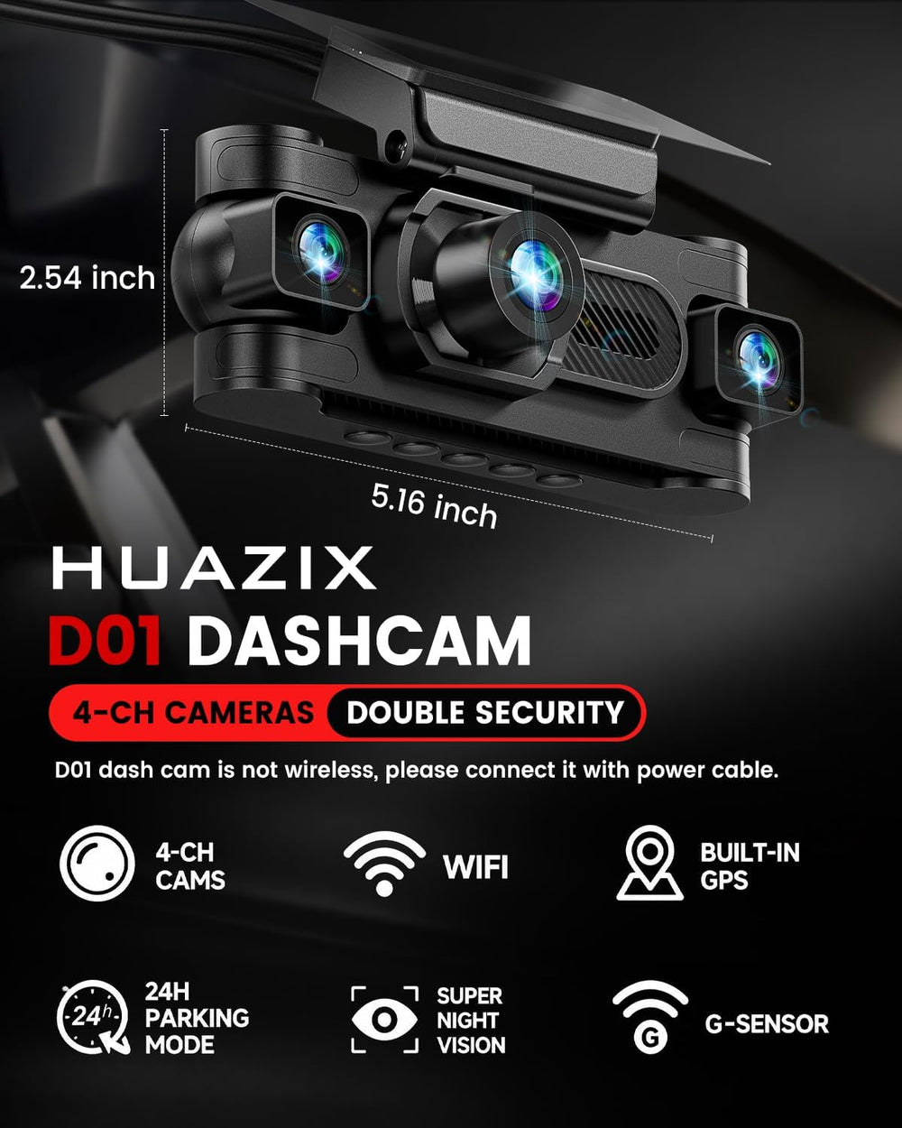 4K Dash Cam for Cars, 4 Channel 360° View Car Camera, Black