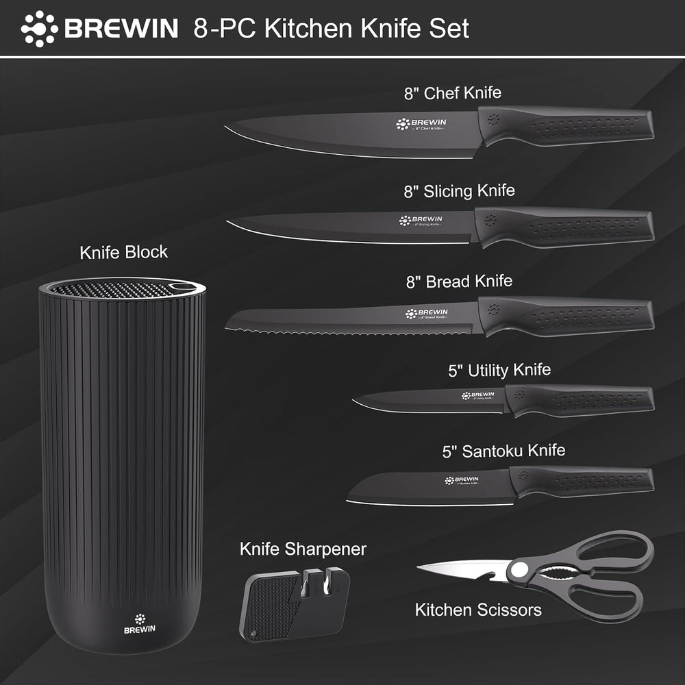 Brewin Knife Set, 8PC Kitchen Knife Set with Universal Block and Scissors