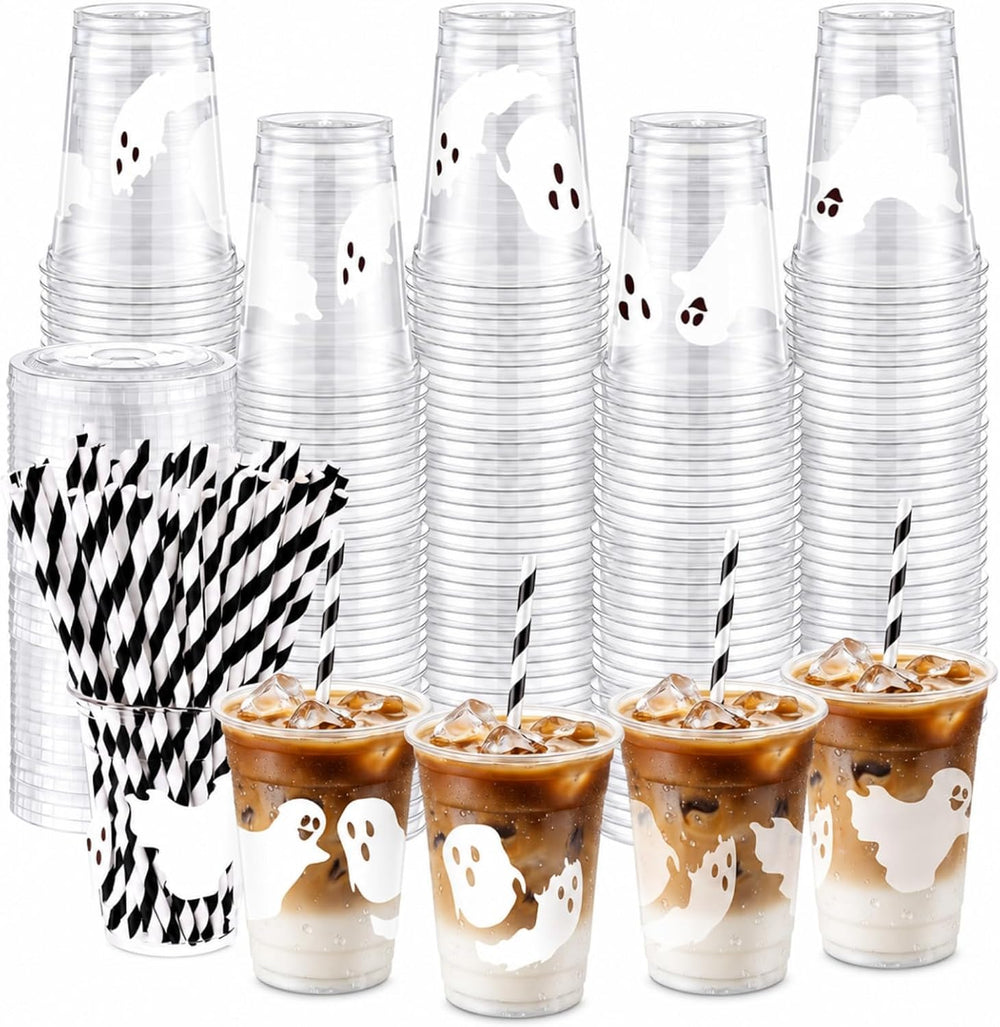 Jingmore 50 Set Halloween Ghost Lattes Plastic Cup 16 oz with Lid and Straw (...
