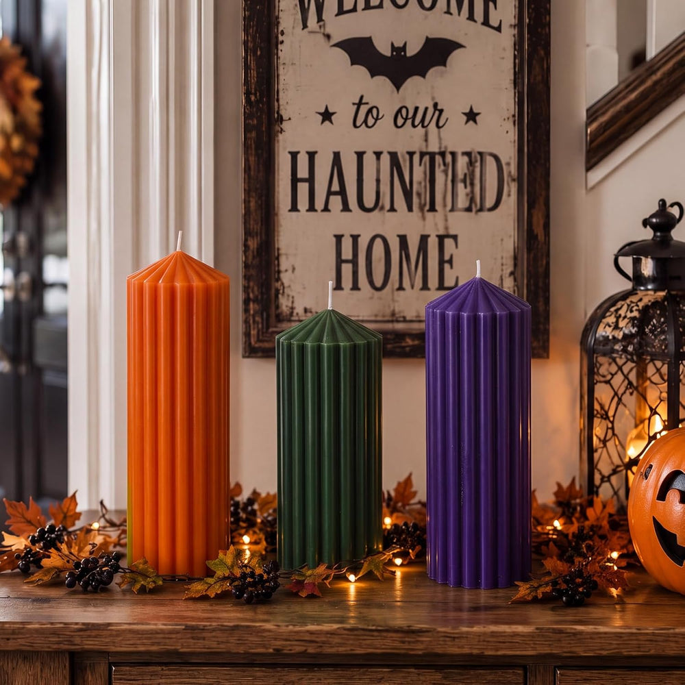 Mtlee 3 Pack Halloween Ribbed Pillar Candles Green Purple Orange Candles