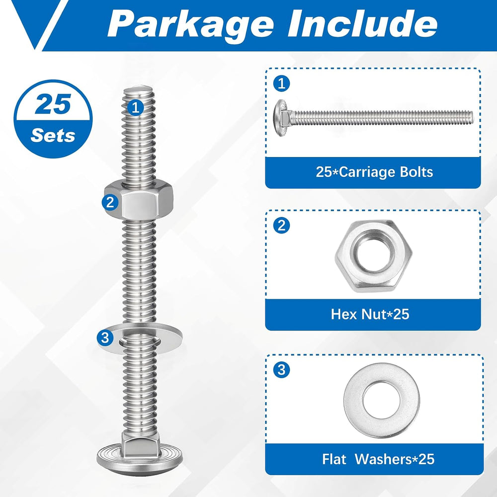 Zonon 25 Sets 3/8-16 x 3-1/2" Carriage Bolts and Nuts Kit,Silver