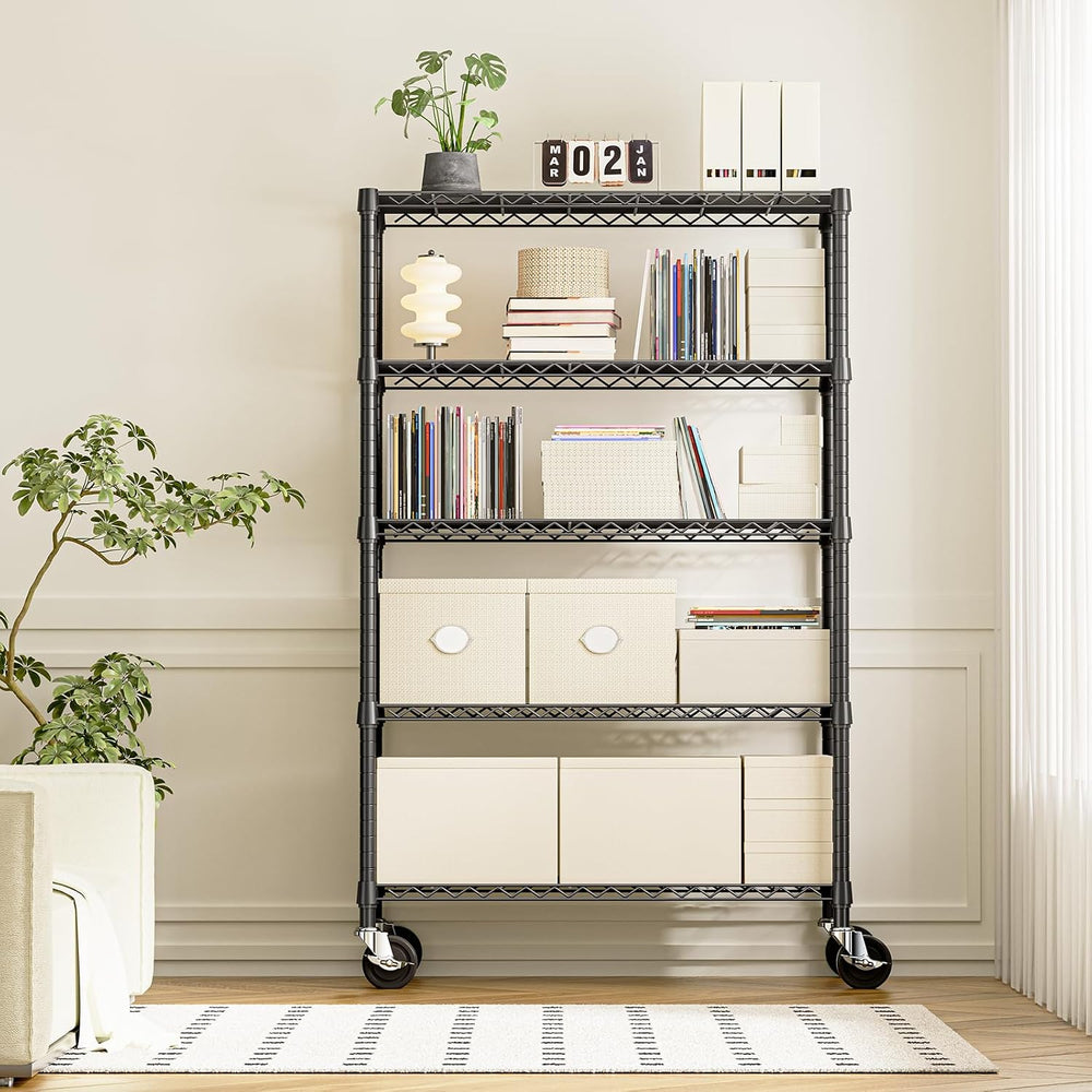 5-Tier Adjustable Heavy Duty Steel Wire Shelving Unit with Wheels, Storage Ra...