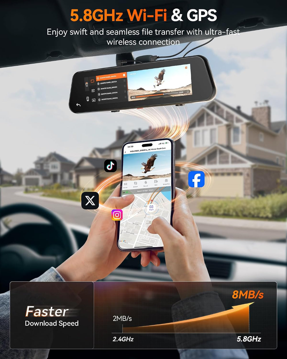 WOLFBOX G900 PRO Mirror Dash Cam with 8MP STARVIS IMX678,Front 4K Rear 2.5K