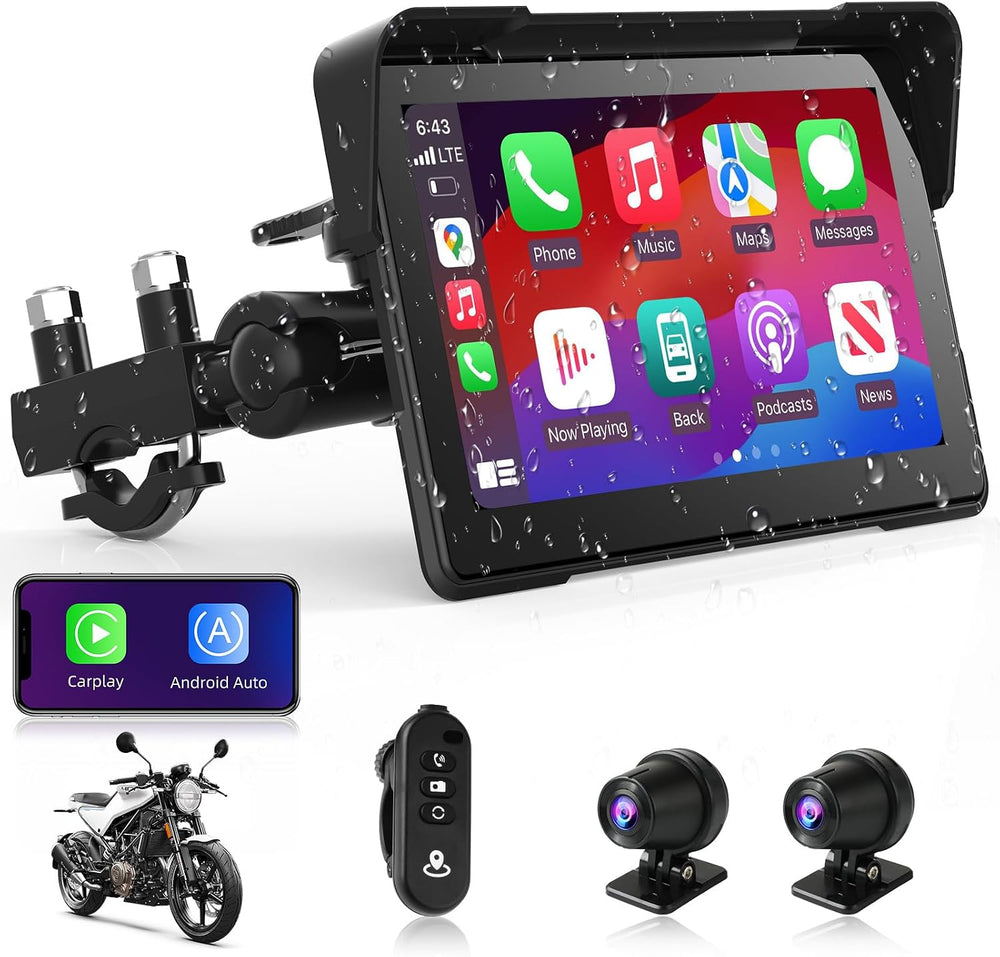 7" Motorcycle Carplay w Dual 4K Dash Camera Wireless Apple Carplay