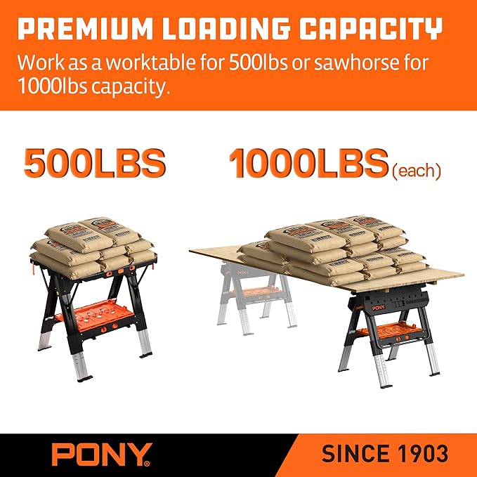 Pony Portable Folding Work Table, 2-in-1 as Sawhorse & Workbench, 31” W×25”