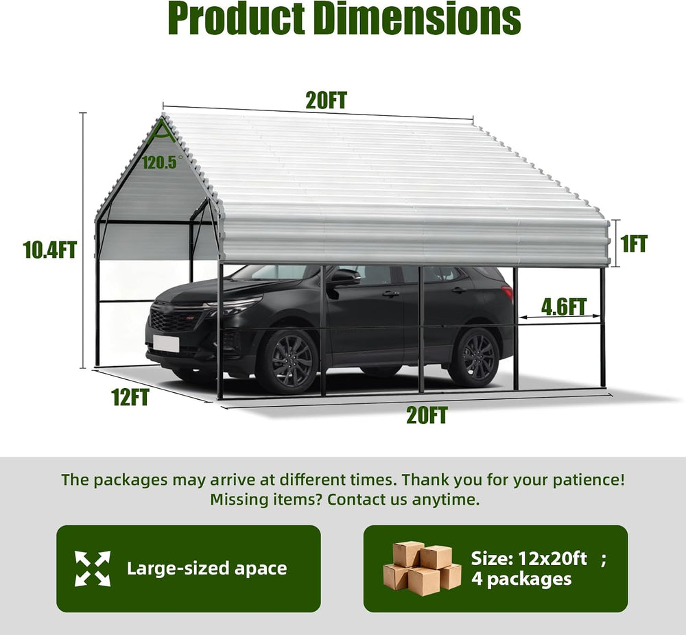 Metal Carport Heavy Duty 12x20ft Outdoor Galvanized Steel Car Port, Vehicle C...