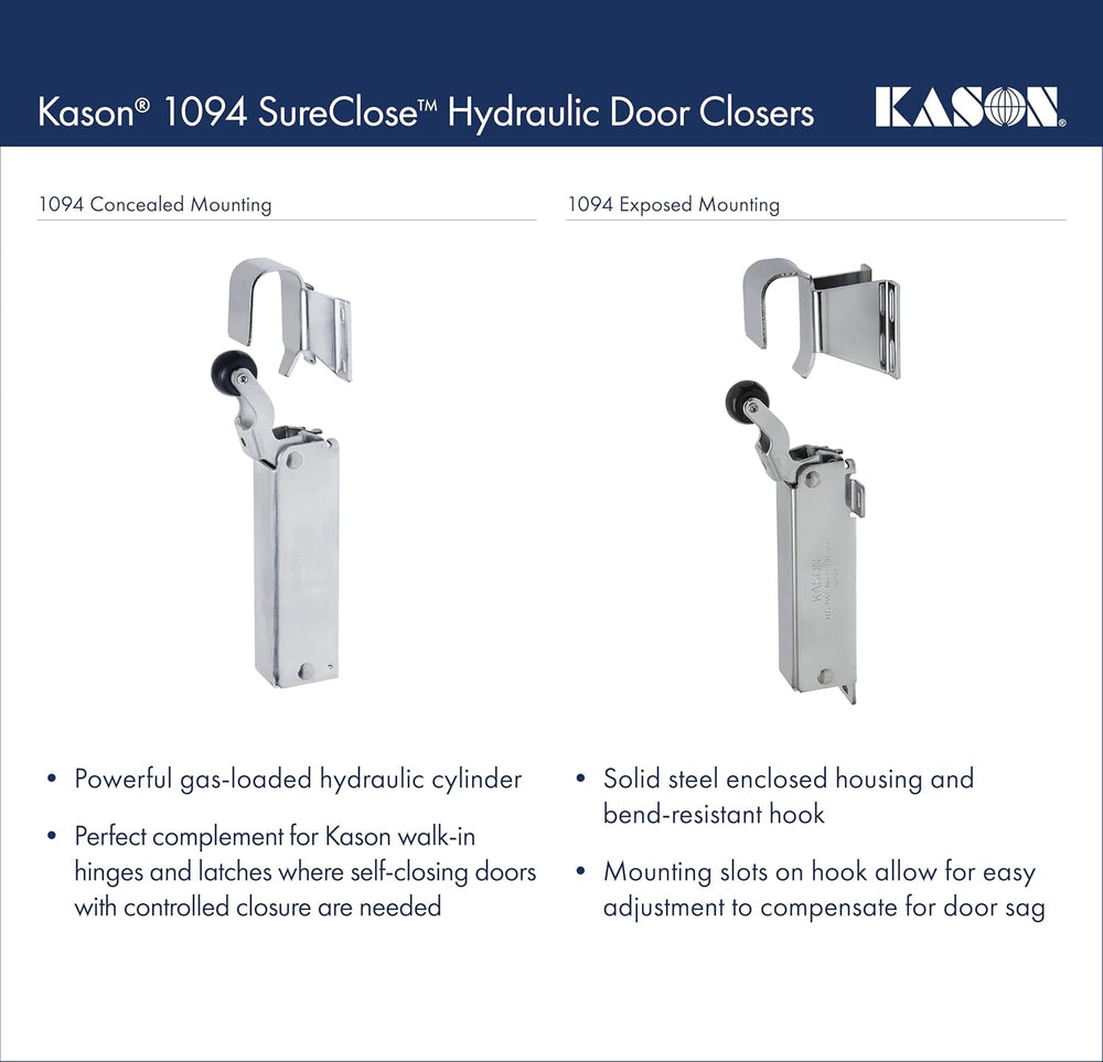 Kason 1094 SureClose Hydraulic Door Closer and Hook, Exposed Mounting, Adjust...