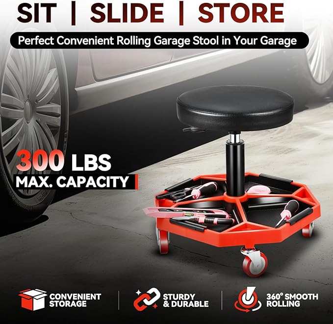 Auto Dynasty Mechanic Stool, Adjustable Rolling Pneumatic Creeper Garage Shop