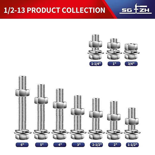 1/2-13 x 1-1/2" Hex Head Screw Bolt, Flat & Lock Washers, Fully Thre...
