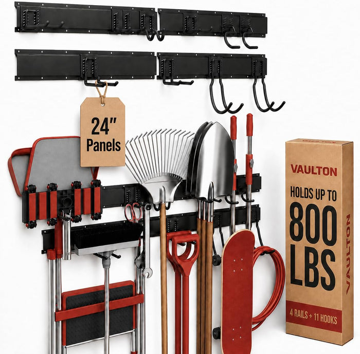 VAULTON 96" Garage Wall Organizer, Metal Tool Rack, 4 Rails 11 Hooks