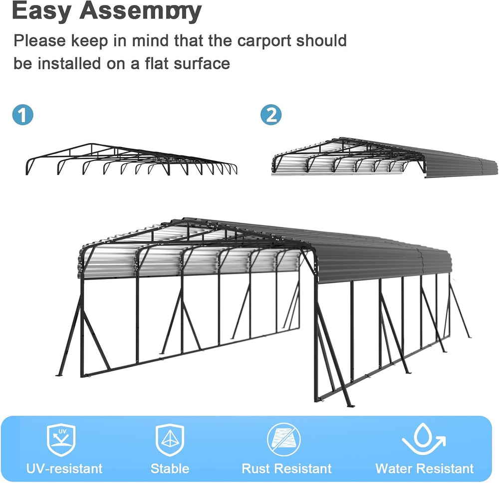 20x30 FT Metal Carport with Extra 8 Side Reinforcement Support Rods