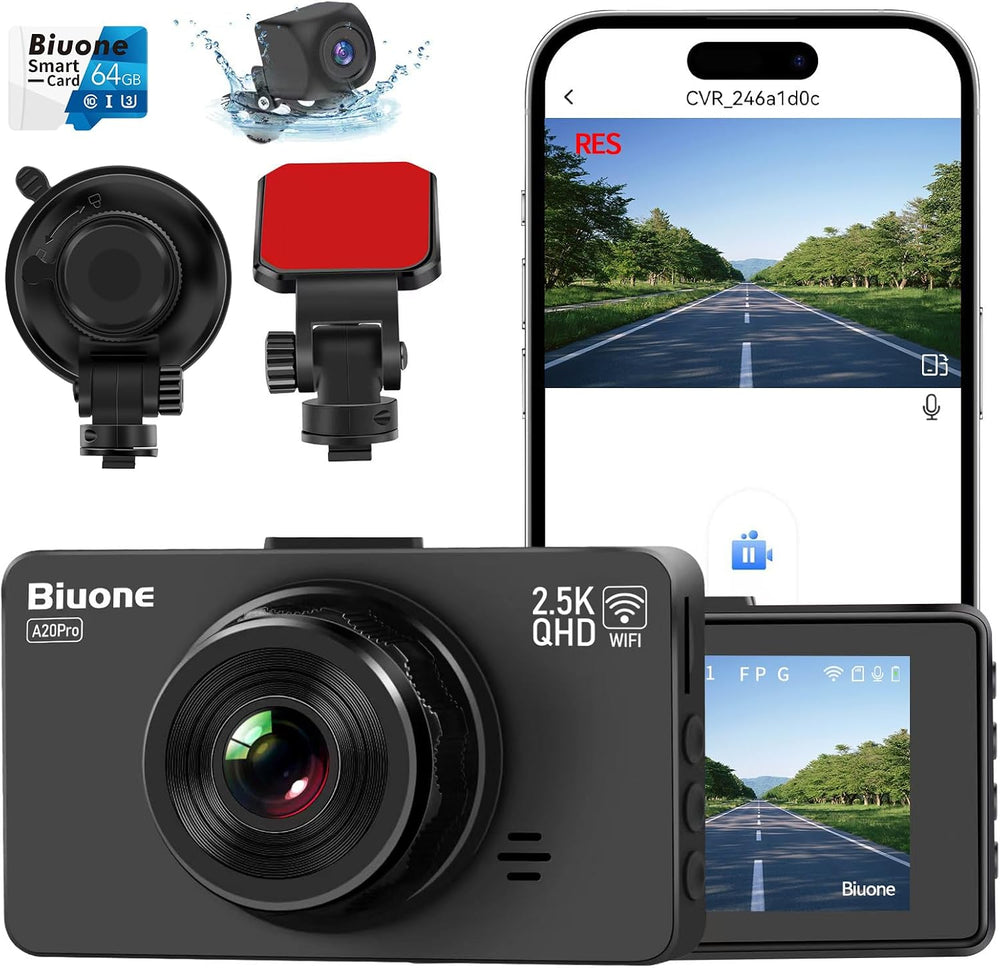 Dash Cam Front and Rear, 2.5K+1080P, WiFi App, 64GB Card