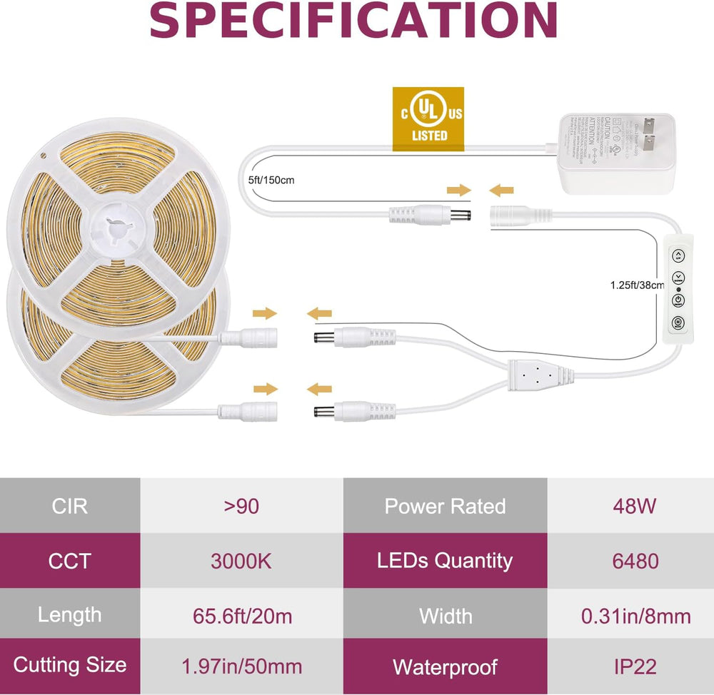 66ft COB LED Strip Lights 3000K Warm White Dimmable DC 24V UL Power Supply
