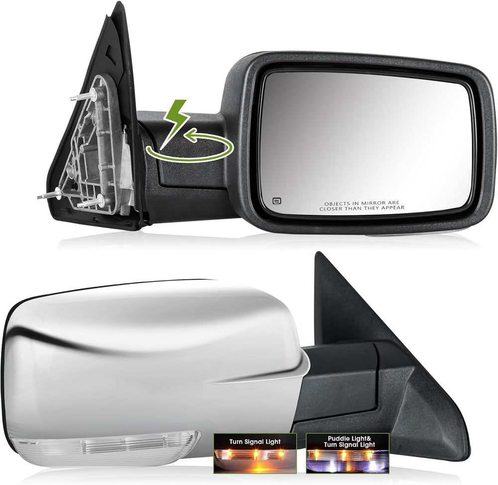 Chrome Power Folding Side Mirrors for Dodge Ram - Heated Tow Mirrors with Tur...