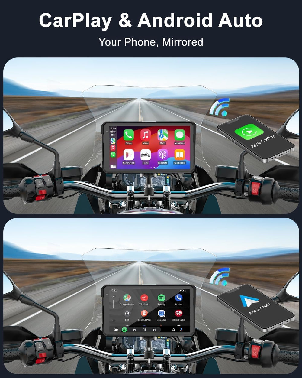 2K Motorcycle Dash Cam Front and Rear, 6" Carplay & Android Auto Screen