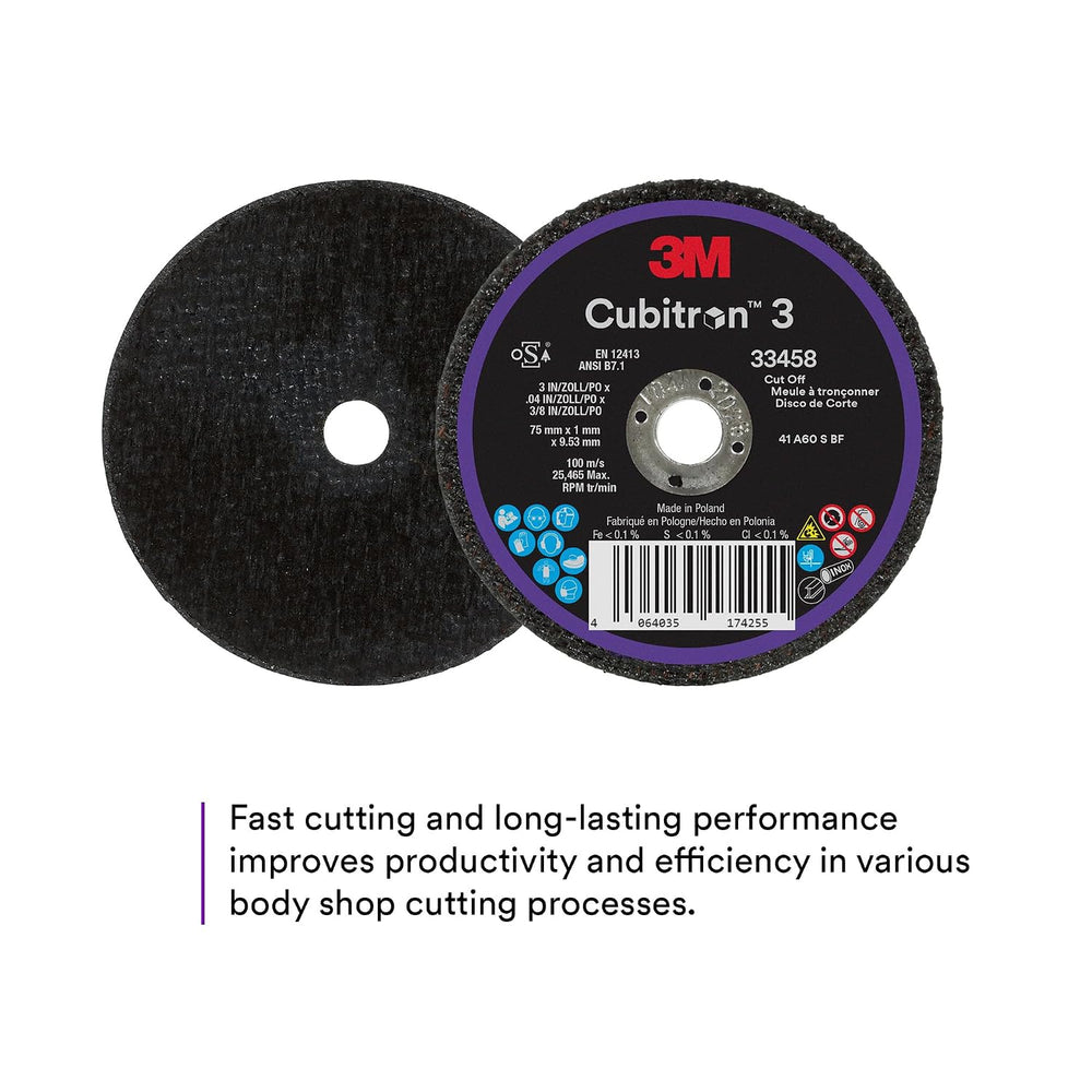3M Cubitron 3 Cut-Off Wheel 33458, 3 in x 0.04 in x 3/8 in, Long Lasting Perf...
