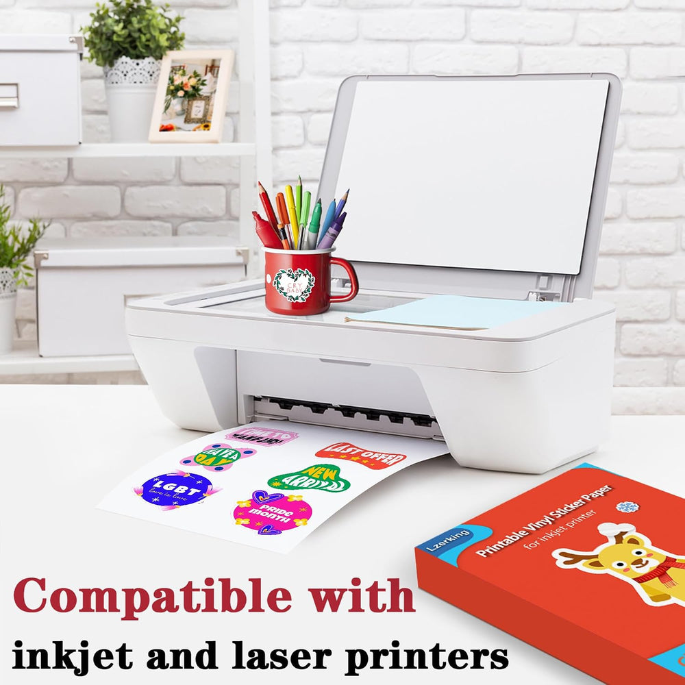 Lzerking Glossy Printable Vinyl Sticker Paper, 100 Sheets Waterproof Decal