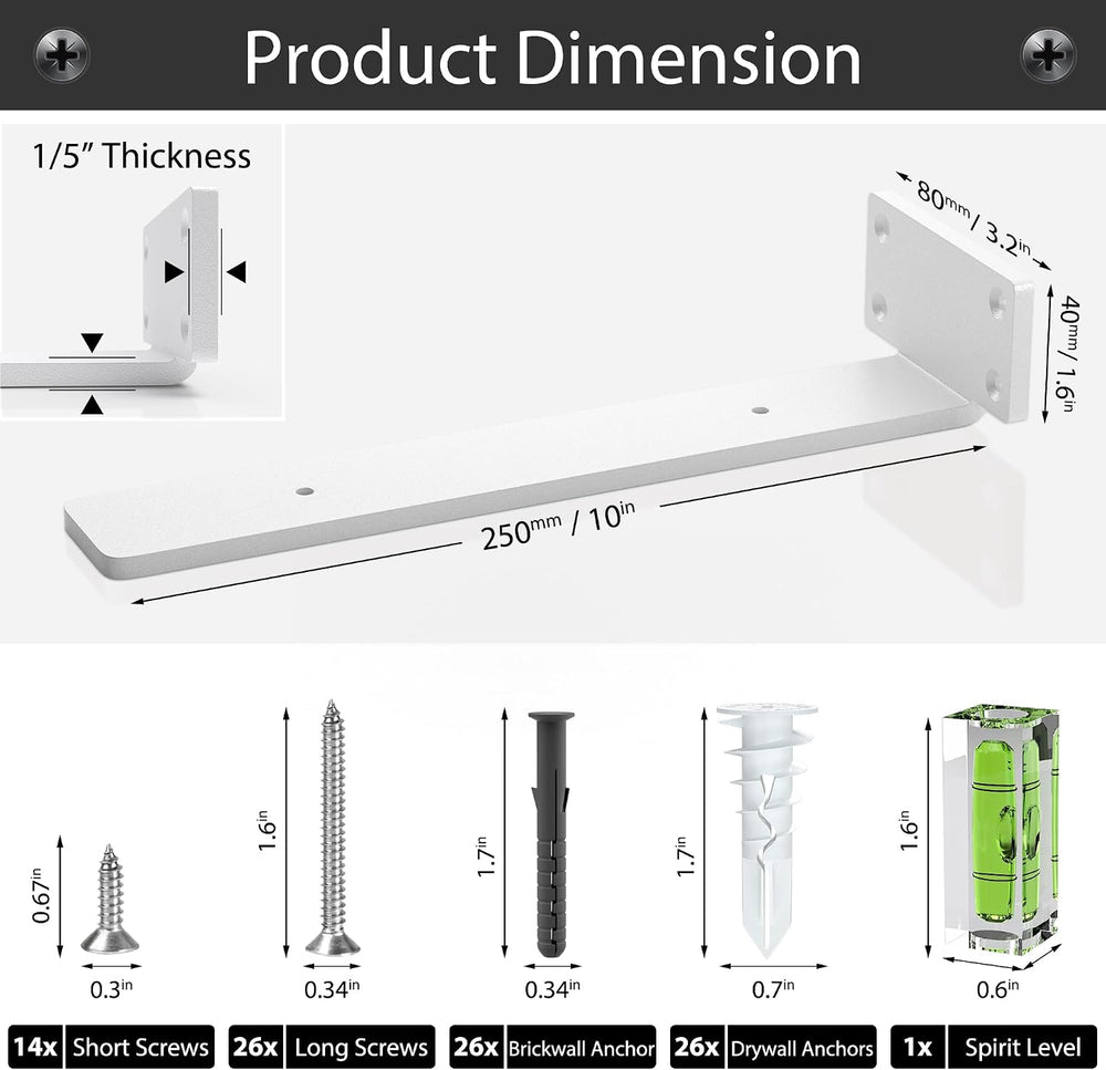 Floating Shelf Brackets 10 Inch 6 Pack, Hidden L Brackets for Shelves White