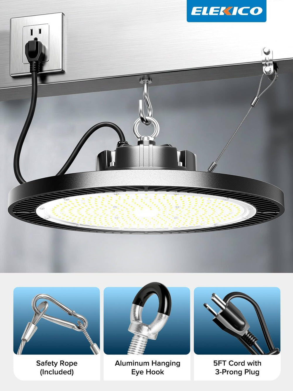 Super Bright 250W 37500LM UFO LED High Bay Light with Plug 5ft Cable