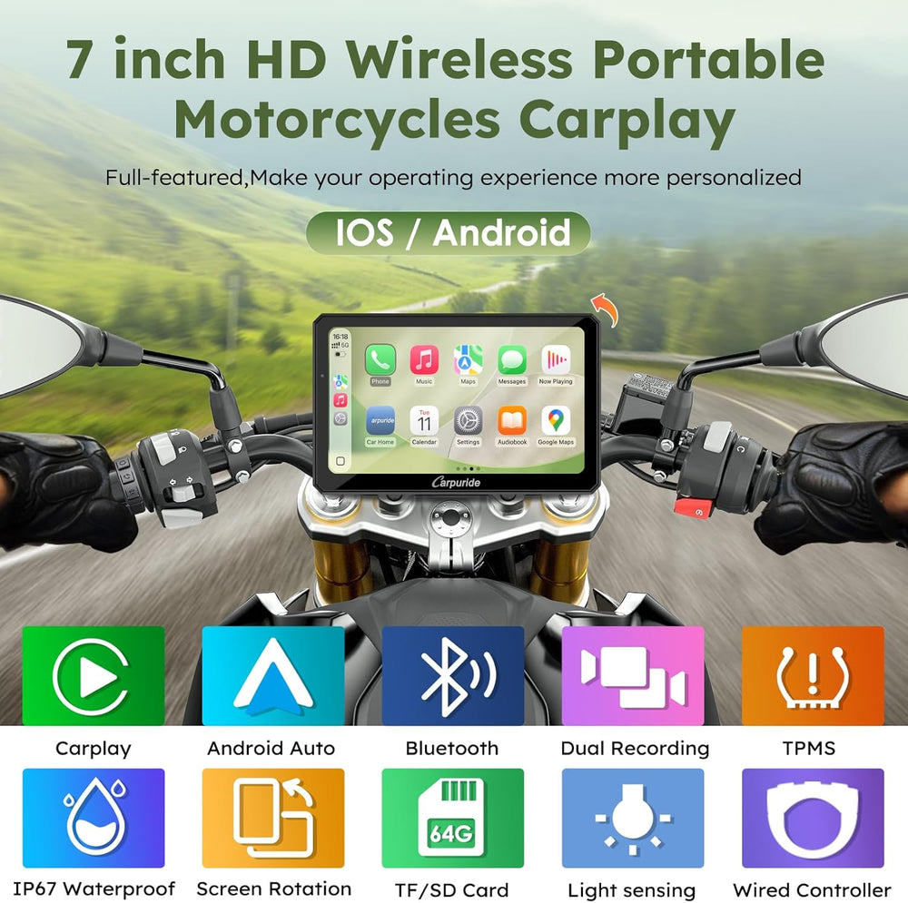 Carpuride W712DT 7" for Motorcycle CarPlay & A-Auto & TPMS &...