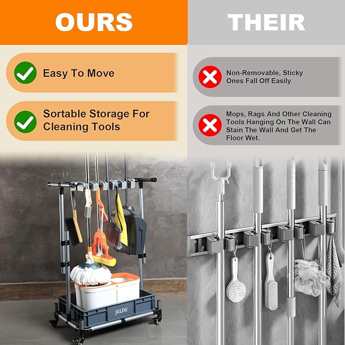 Freestanding Mobile Cleaning Tool Storage Rack, Mop and Broom Holder