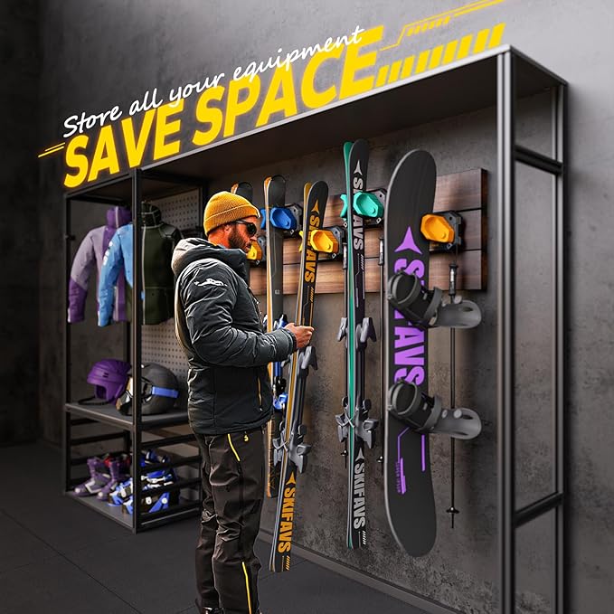 Ski & Snowboard Wall Rack for Garage Wall Fits Any Ski/board, Ski Wall Mo...
