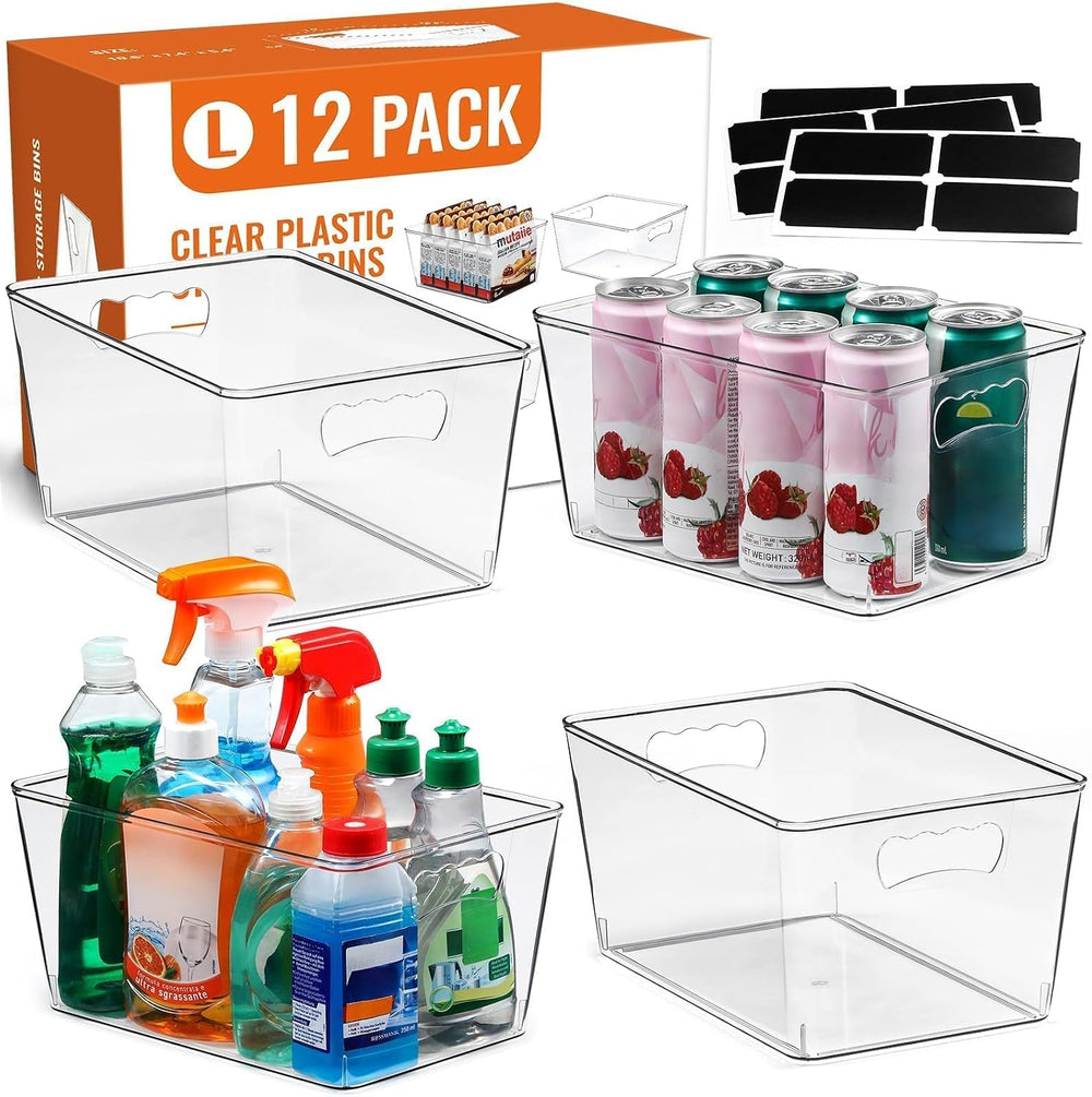 12 Pack LARGE Multi-Use Clear Storage Bins, Pantry Kitchen Organizer Bins
