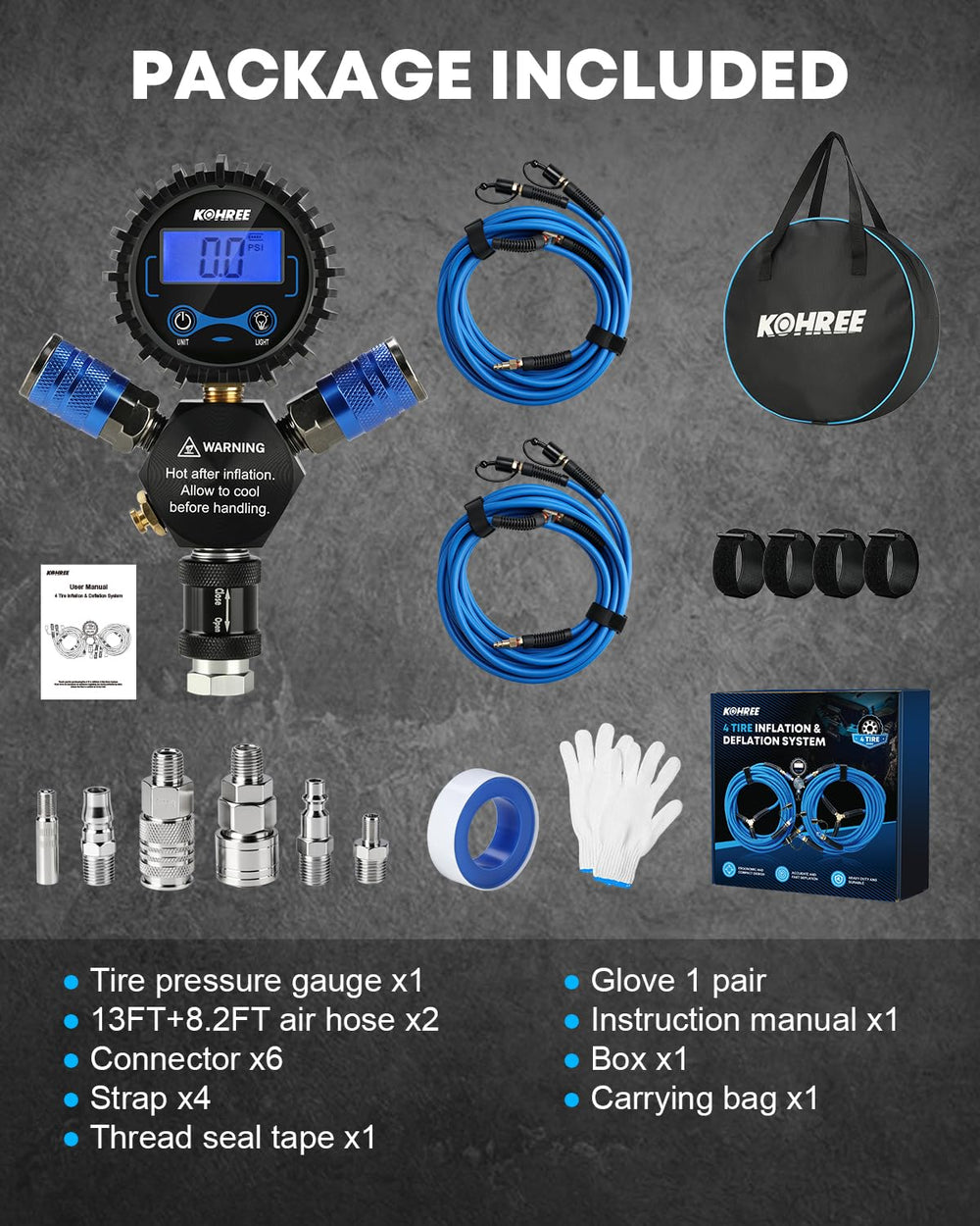Kohree 4 Tire Inflation & Deflation System, Fast Air Up with Equal PSI