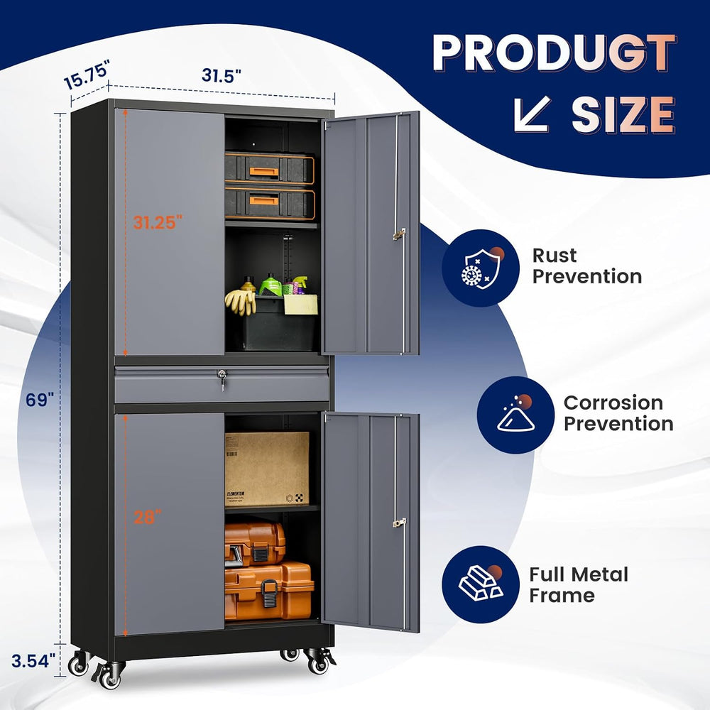 Metal Garage Storage Cabinet with Locking Doors and Adjustable Shelves, -73&q...