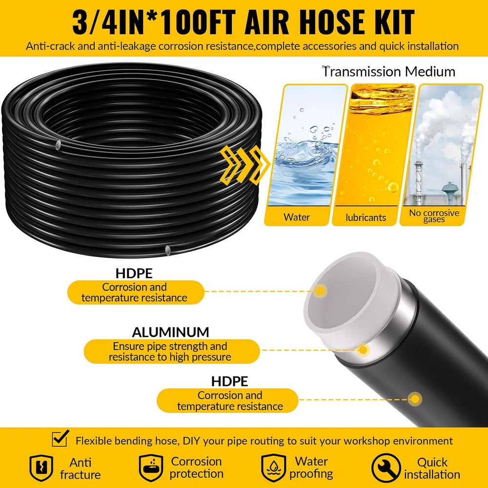 Shop Air Line Kit,Black 3/4 Inch x 100 FT Compressed Air Piping System,HDPE T...