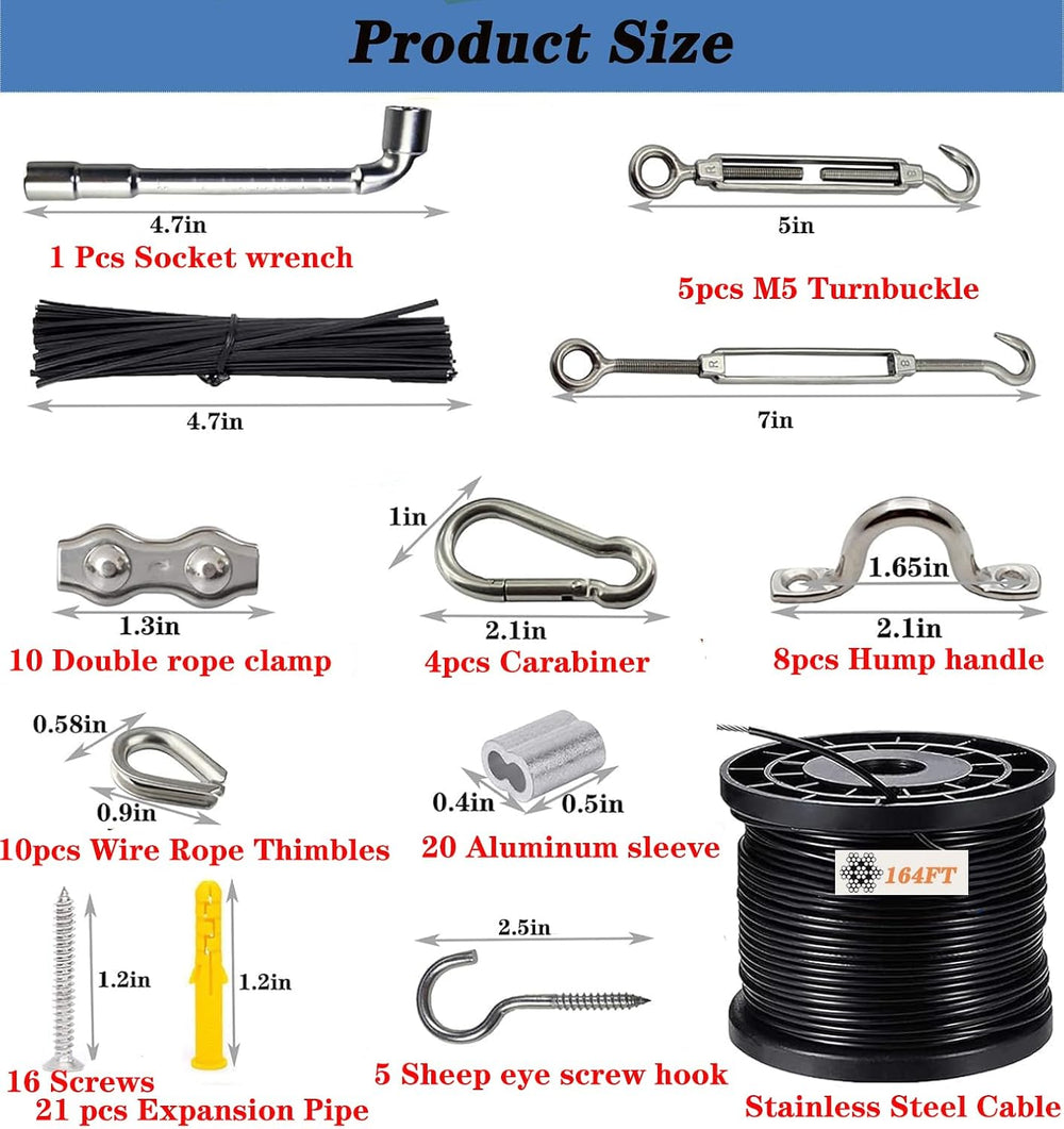 String Light Hanging Kit,164 FT Coated Stainless Steel Wire Rope