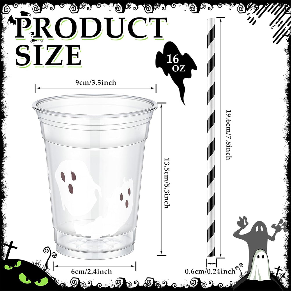 Jingmore 50 Set Halloween Ghost Lattes Plastic Cup 16 oz with Lid and Straw (...