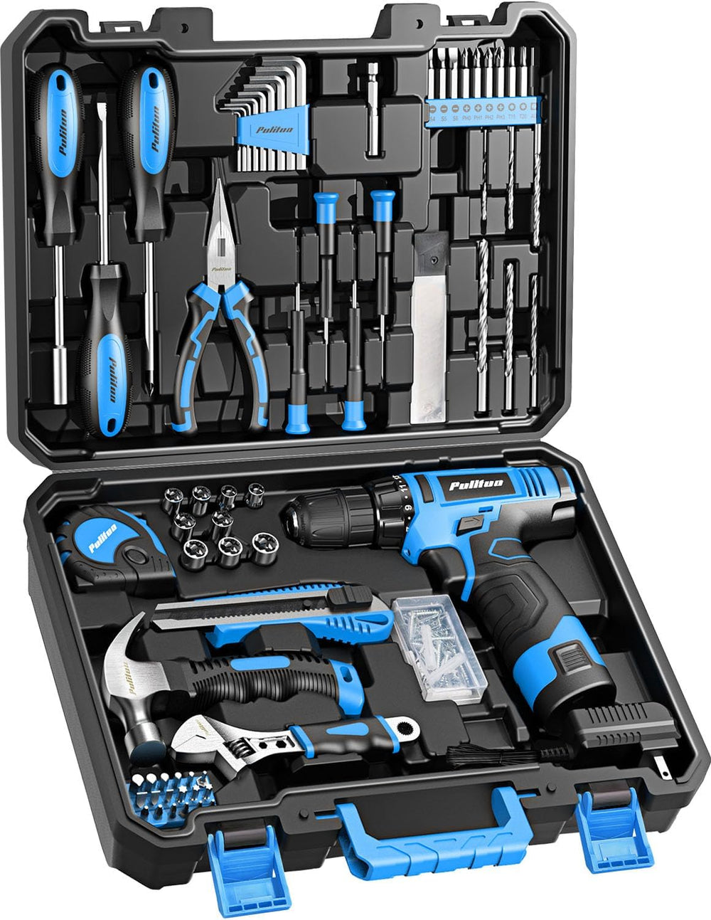 PULITUO Tool Set, 149-Piece Home Drill Set with Blue 12V Cordless Drill, Tool...