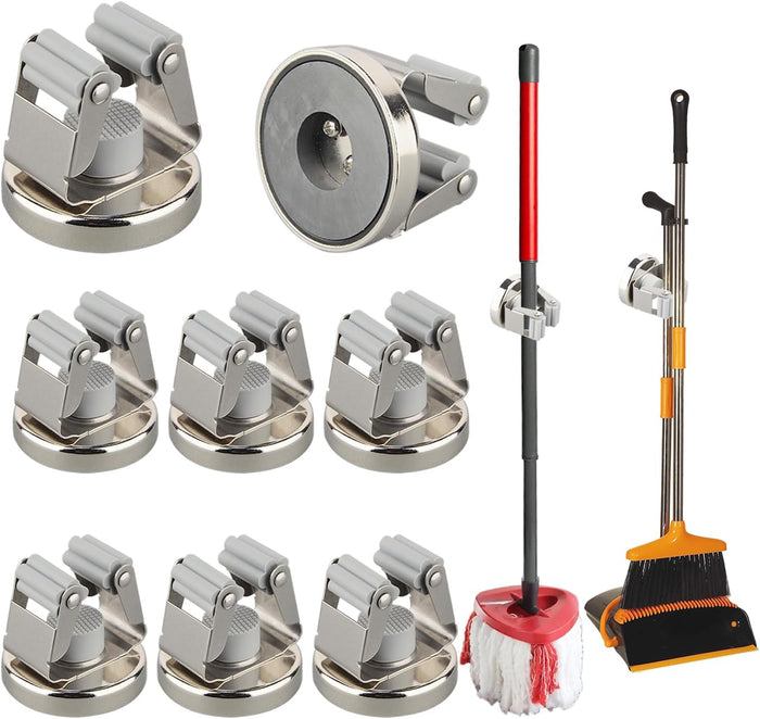 MUTUACTOR Magnetic Broom Holders, No Drilling Magnetic Hooks Broom Mop Brackets (8pcs)