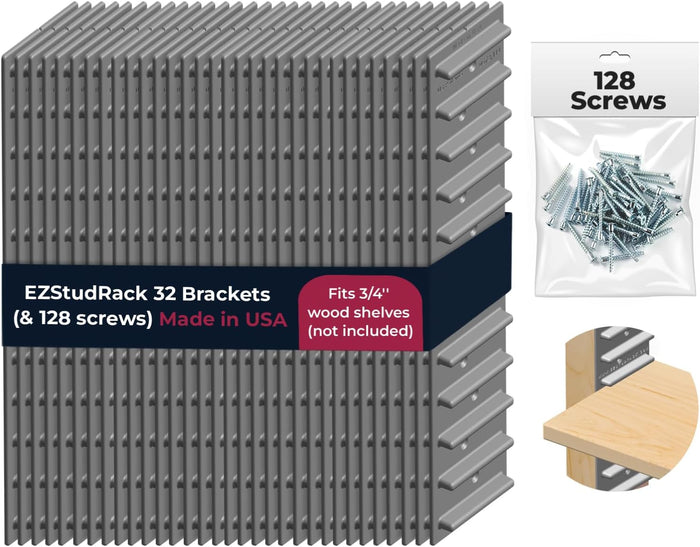 Made in USA | EZStudRack Adjustable Between Stud Shelf Bracket | Shelf Brackets for Wall Mounted Shelf | Shelving Brackets for Home | Garage Shelf Brackets- Wood Not Included- 32Pack (16 Pair) Gray