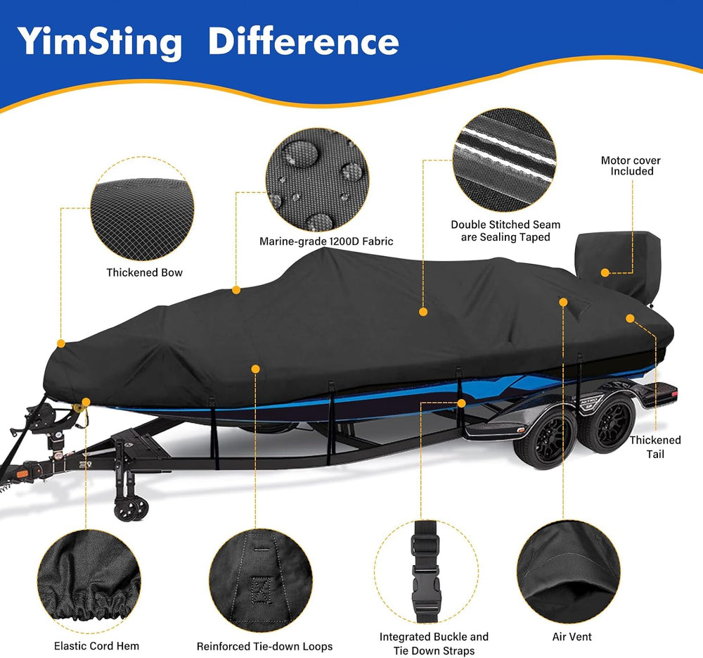 Boat Cover 16-18.5 ft, 1200D Waterproof V-Hull, Black