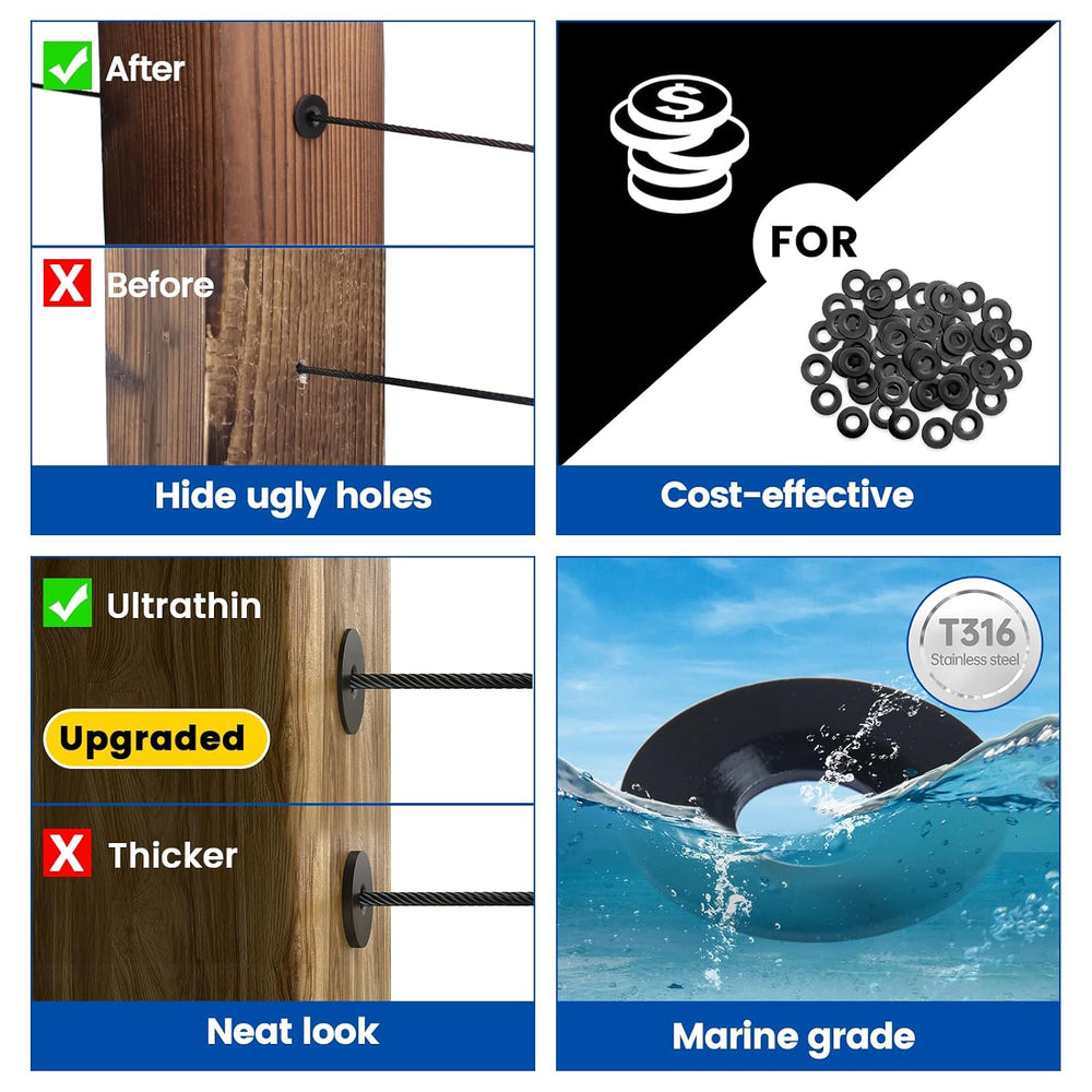 Muzata 100Pack Black Cable Railing Hardware OD 3/4" Adhesive Washer CR91