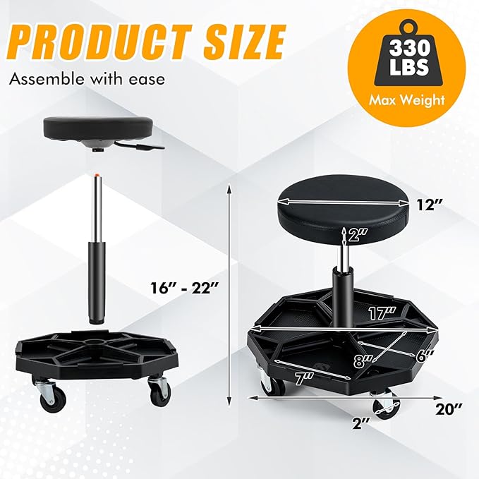 Adjustable Mechanic Rolling Stool, Pneumatic Rolling Stool