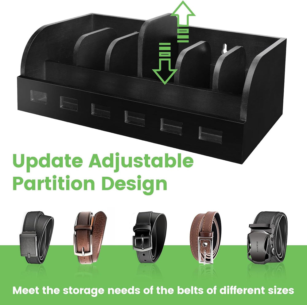 Large Adjustable Bamboo Belt Organizer Box, 6 Grids Belt Rack (Black)