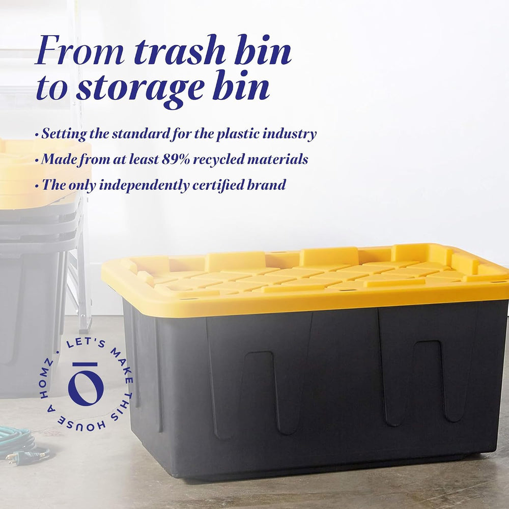 HOMZ Durabilt Plastic Storage Bins with Lids, 15 Gal, Black/Yellow, 2 Pack