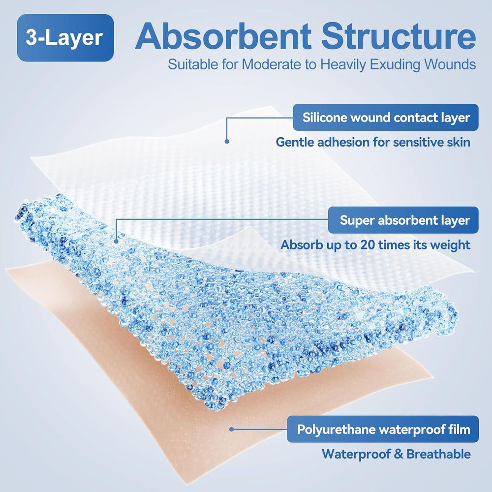 Super Absorbent Silicone Dressing 4"x8" 15Pcs for Post Surgery