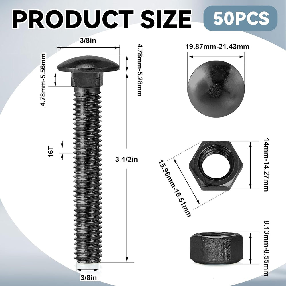 Yaocom 50 Pack Carriage Bolts with Nuts 3/8 x 3-1/2 Inch, Black
