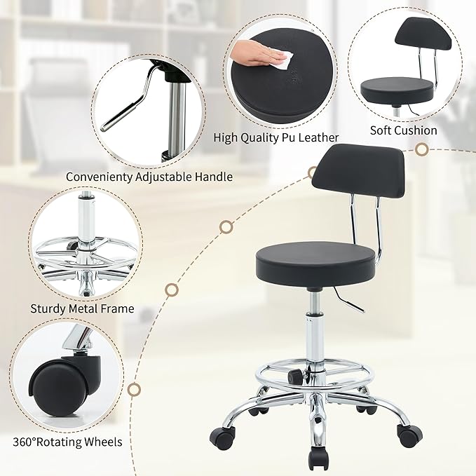 Rolling Stool with Back, Adjustable Height Foot Rest Rolling Salon Chair